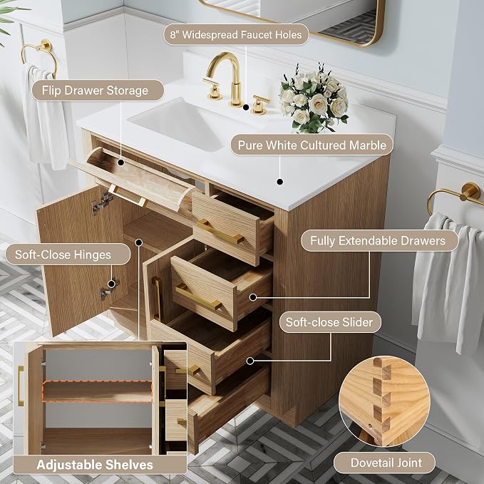 36-Inch Bathroom Vanity with Sink W/ 2 Doors & 4 Drawers & 1 Flip Drawer, Oak Vanity W/Brushed Gold Handles