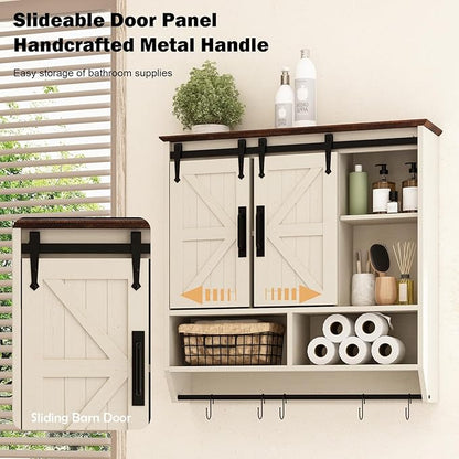 RUSTOWN Farmhouse Bathroom Wall Cabinet,3-Tier Rustic Wood Wall Mounted Cabinets,Vintage Medicine Cabinet with Sliding Barn Door and Adjustable Shelves,Over The Toilet Storage Cabinet (Vintage White)