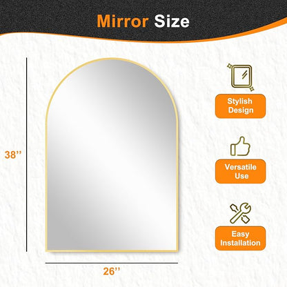 Arched Bathroom Mirror, 26"x38", Gold | Wall Mounted, Vanity Mirror, For Bedroom, Living Room and Entryway