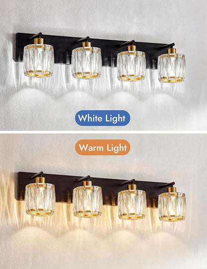VOLISUN Crystal Vanity Lights for Bathrooms, 4 Light Bathroom Vanity Light, Black and Gold Bathroom Light Over Mirror, Modern Bathrooms Lights Fixtures-UL Certificated(Exclude Bulb)