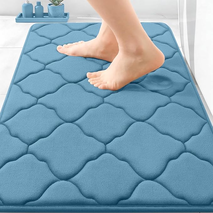 OLANLY Memory Foam Bath Mat Rug 30x20, Ultra Soft and Absorbent Bathroom Rugs, Non-Slip, Comfortable, Machine Washable Bath Carpet for Bathroom Floor, Tub, Shower and Home Decor Accessories, Blue
