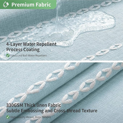 eachope Long No Hook Shower Curtain Set with Snap-in Liner,71x80,Fog Blue | 330GSM Thick Linen Textured Striped,Boho Farmhouse Rustic Luxury Bathroom Curtain with Tassels,Mesh Window,Water-Repellent