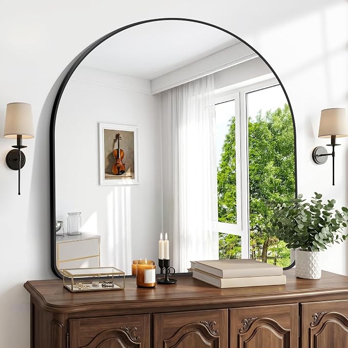 BONEWEI Arched Wall Mirror,45x45 inch Black Arched Mirror Bathroom,Large Vanity Mirror for Over Sink Metal Frame,Tempered Glass Arch Mirrors for Bedroom,Entryway,Living Room,Home Decor Shatter-Proof