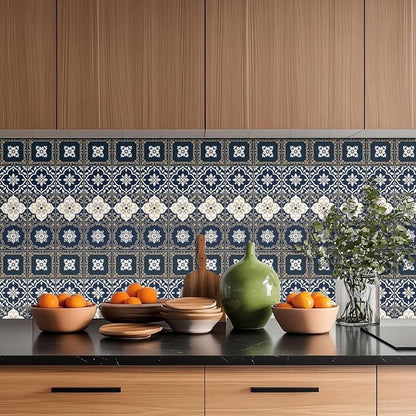 36 Pcs 4 Styles Retro Mosaic Patten Tile Sticker Blue Patten Wall Tile Stickers Waterproof Self Adhesive Stick on Decals for Kitchen Bathroom Wall Art 4×4 Inch