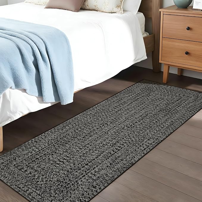 Printed Washable Rugs Runner 2x8 Rug for Living Room Bathroom Rugs Modern Imitation Braided Bedroom Rug Non Slip Bordered Kitchen Runner Stain Resistant Carpet 2'x8' Grey/Brown