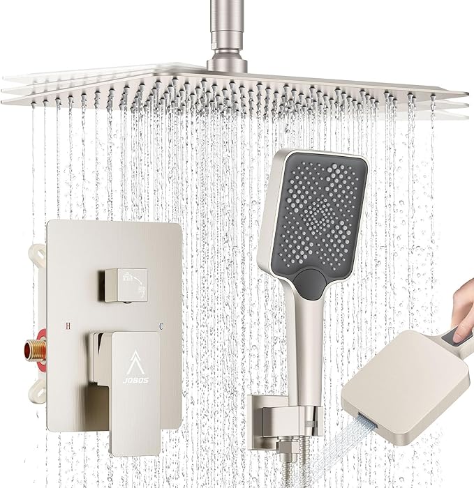 Rain Shower System 12IN Modern Brass Faucet Set With Valve and Diverter Shower Mixer With Handheld High Pressure Square Rainfall Shower Valve (12'' Ceiling Mount, Brushed Nickel)