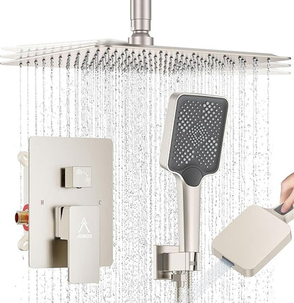 Rain Shower System 12IN Modern Brass Faucet Set With Valve and Diverter Shower Mixer With Handheld High Pressure Square Rainfall Shower Valve (12'' Ceiling Mount, Brushed Nickel)