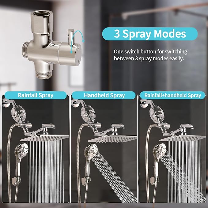 10'' Dual 20 Stage Filtered Shower Head with Handheld, 6 Spray Settings Handheld Shower Head High Pressure Rainfall Filter Combo with 12'' Adjustable Extension Arm, 71'' Shower Hose (Brushed Nickel)