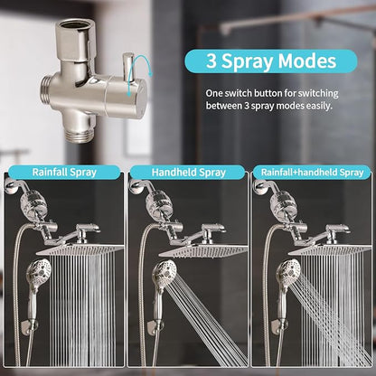 10'' Dual 20 Stage Filtered Shower Head with Handheld, 6 Spray Settings Handheld Shower Head High Pressure Rainfall Filter Combo with 12'' Adjustable Extension Arm, 71'' Shower Hose (Brushed Nickel)