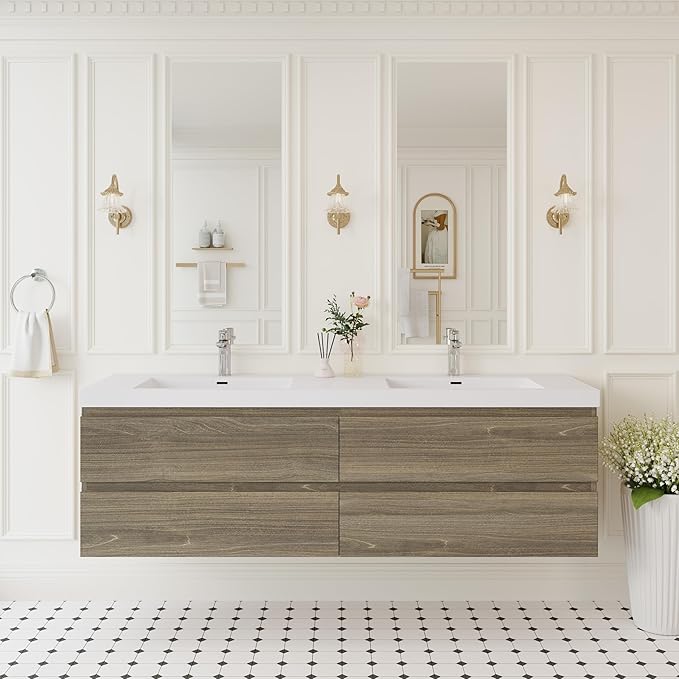 Floating Bathroom Vanity with Double Sinks, 72" Wall-Mounted Bathroom Storage Vanity Cabinet with Resin Top Basin and Soft Close Drawers, No Assembly Required, Ash Grey