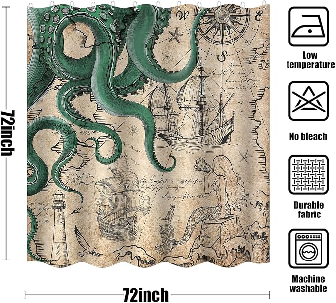 Fungarth Vintage Green Nautical Octopus Shower Curtain Mermaid Funny Ocean Kraken Shower Curtains for Bathroom Cool Anchor Coastal Map Waterproof Fabric Bath Curtain with Hooks (Retro2, 72” x 72”)