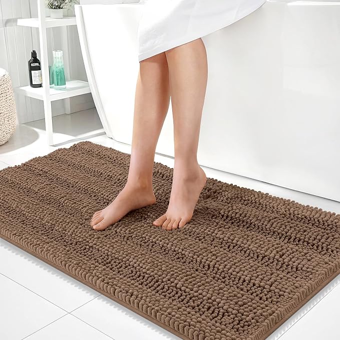 OLANLY Thick Bathroom Runner Rugs 44x24, Soft Chenille Bath Rugs, Mocha | Absorbent Striped, Rubber Backing, Machine Wash, Long Bath Mats for Bathroom Floor, Tub and Shower, Home Decor Accessories