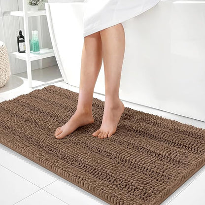 OLANLY Thick Bathroom Runner Rugs 44x24, Soft Chenille Bath Rugs, Mocha | Absorbent Striped, Rubber Backing, Machine Wash, Long Bath Mats for Bathroom Floor, Tub and Shower, Home Decor Accessories