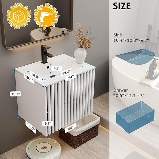 eclife 24" Floating Bathroom Vanity with Sink Combo, Modern Wall Mounted Cabinet with 2 Fluted Drawers, Undermount Sink, Faucet, Drain, Mixed White