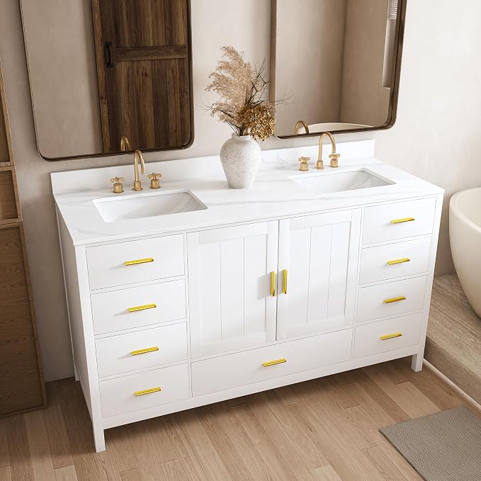 60 Inch Bathroom Vanity with Double Sink&Countertop,Carrara White Quartz Counter Top with Sink&Backsplash,White Bathroom Cabinet Set with 2 Doors and 9 Drawer(Three Holes)