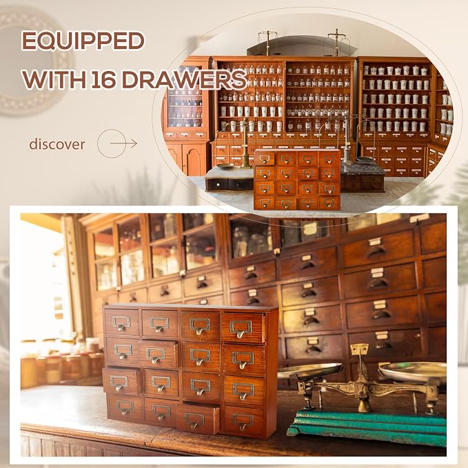 Qinyoung 16 Drawers Apothecary Cabinet Library Card Catalog Cabinet Tabletop Vintage Apothecary Chests Cabinets Rustic Herb Storage Box with Drawers Wooden Desk Drawer Organizer Medicine Furniture