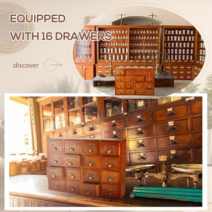Qinyoung 16 Drawers Apothecary Cabinet Library Card Catalog Cabinet Tabletop Vintage Apothecary Chests Cabinets Rustic Herb Storage Box with Drawers Wooden Desk Drawer Organizer Medicine Furniture