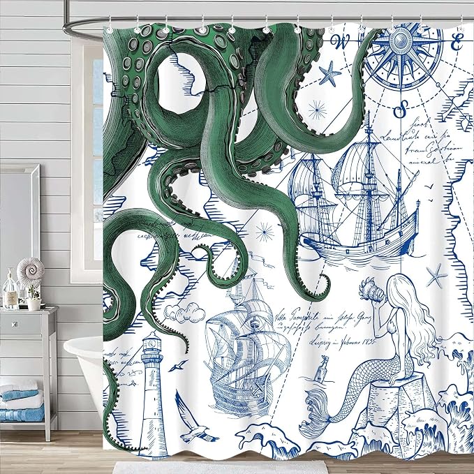 Fungarth Green Nautical Octopus Shower Curtain Navy Blue Mermaid Funny Ocean Kraken Shower Curtains for Bathroom Anchor Coastal Map Waterproof Fabric Bath Curtain Decor with Hooks (Green, 72” x 72”)