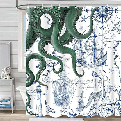 Fungarth Green Nautical Octopus Shower Curtain Navy Blue Mermaid Funny Ocean Kraken Shower Curtains for Bathroom Anchor Coastal Map Waterproof Fabric Bath Curtain Decor with Hooks (Green, 72” x 72”)