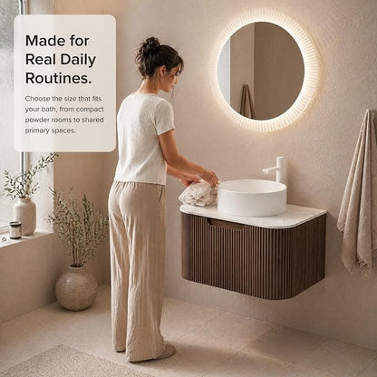 24 Inch Bathroom Vanity with Sink, Floating Wall Mounted Single Sink Vanity for Small Baths, Dark Walnut Curved Fluted Front, Stone Top, Pure White Round Vessel Basin, Pre-Assembled