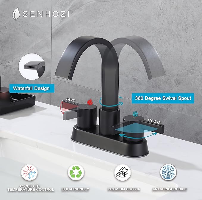 Matte Black Bathroom Faucets for Sink 3 Hole, 4 Inch Centerset Waterfall Faucet Bathroom Sink Faucet with Pop-up Drain and 2 Supply Hose, SUS304 2 Handle Faucet for Bathroom Sink, SE-0048-BK