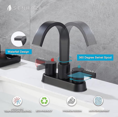 Matte Black Bathroom Faucets for Sink 3 Hole, 4 Inch Centerset Waterfall Faucet Bathroom Sink Faucet with Pop-up Drain and 2 Supply Hose, SUS304 2 Handle Faucet for Bathroom Sink, SE-0048-BK