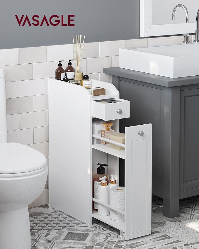 VASAGLE Slim Storage Cabinet, Narrow Storage Organizer with Slide Out Drawers, Freestanding Toilet Paper Holder, Small Space Skinny Cabinet for Bathroom Kitchen Corner, Cloud White UBBC847P31