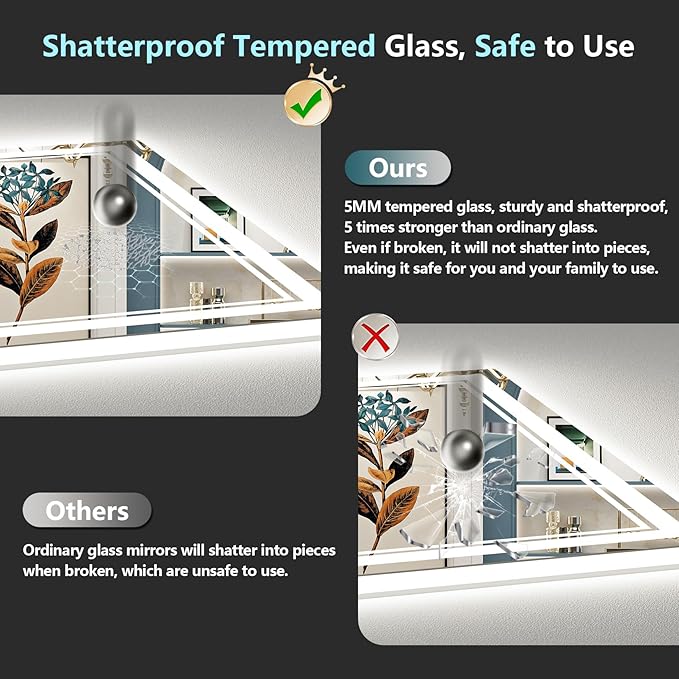 55x36 LED Bathroom Mirror with Lights, Backlit and Front Lit Anti-Fog Lighted Vanity Mirrors for Bathroom Wall, Dimmable, 3-Color Light, Memory, Shatter-Proof, HD Tempered Glass, CRI＞90
