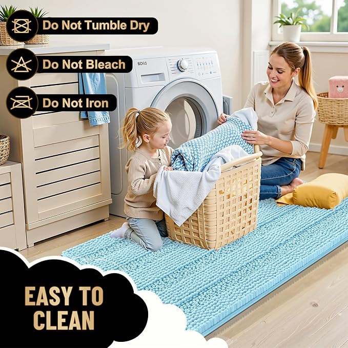 OLANLY Thick Small Bathroom Rugs 24x16, Soft Chenille Bath Rugs, Sky Blue | Rubber Backing, Machine Wash, Extra Absorbent Striped Bath Mats for Bathroom Floor, Tub and Shower, Home Decor Accessories