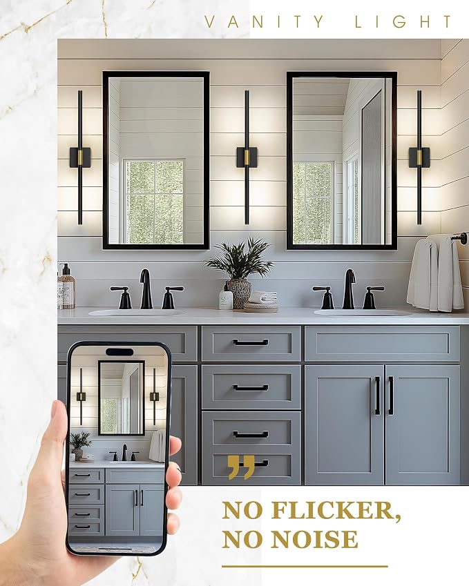 40 Inch Bathroom Light Fixtures, 24W 3CCT Dimmable Black and Gold LED Vanity Lighting Fixtures Over Mirror, 360?Rotatable Modern Bathroom Vanity Light Bar, AD-W9465-L100-BK