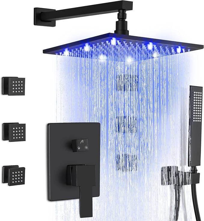 SKOWLL Rainfall Shower Faucet with 6 Full Body Jet Spray, 12 Inch LED Rain Shower Head with Handheld Spray Combo, Wall Mount Matte Black Shower Faucet Set