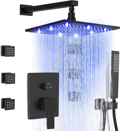 SKOWLL Rainfall Shower Faucet with 6 Full Body Jet Spray, 12 Inch LED Rain Shower Head with Handheld Spray Combo, Wall Mount Matte Black Shower Faucet Set