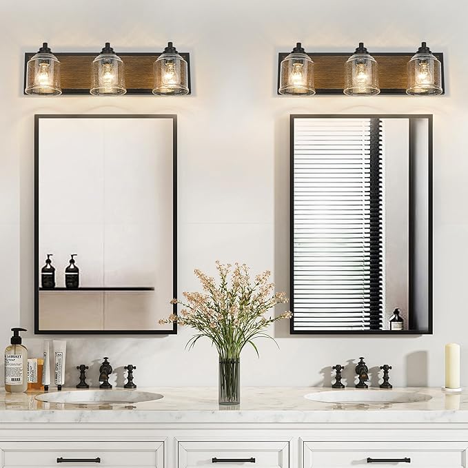 Vanity Lights for Bathroom Large 23", Farmhouse Rustic Vanity Light with Bubble Glass Shades, Brown 3 Light Bathroom Lighting Fixtures Over Mirror, Bath Wall Sconce Home Decor