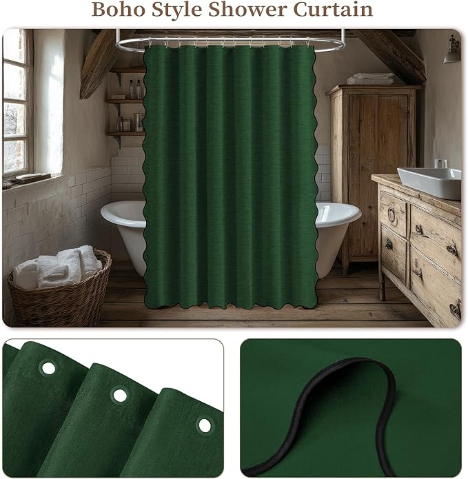 BTTN Dark Green Scalloped Shower Curtain - Linen Textured Heavy Duty Cloth Shower Curtain Set with Plastic Hooks, Neutral Elegant Decorative Fabric Shower Curtains for Bathroom - 72 x 72 - Emerald