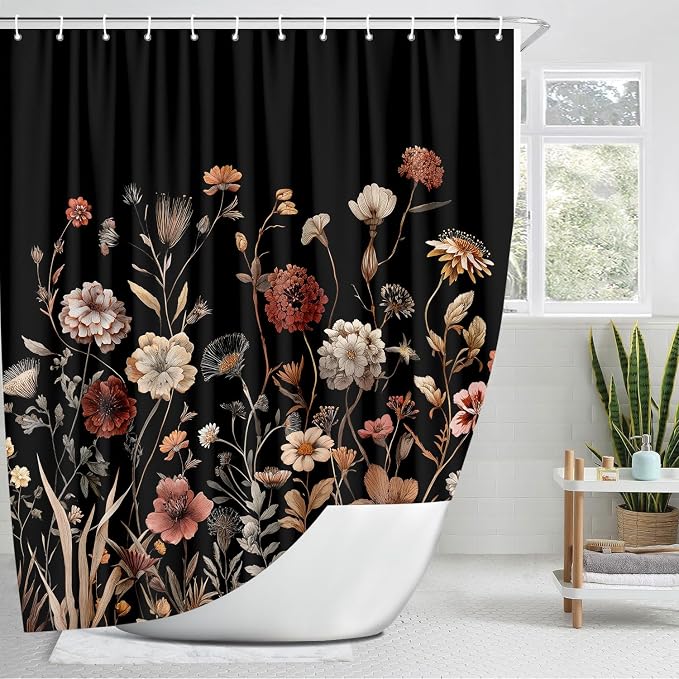 Vintage Boho Black Floral Shower Curtain, Beige Brown Cream Tan Rustic Farmhouse Flower Shower Curtain Set, Cute Botanical Wlidflowers Fabric Shower Curtains Decoration, 72X72 Bathroom Accessories