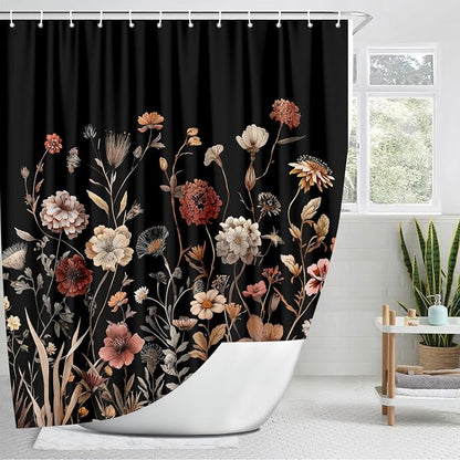 Vintage Boho Black Floral Shower Curtain, Beige Brown Cream Tan Rustic Farmhouse Flower Shower Curtain Set, Cute Botanical Wlidflowers Fabric Shower Curtains Decoration, 72X72 Bathroom Accessories