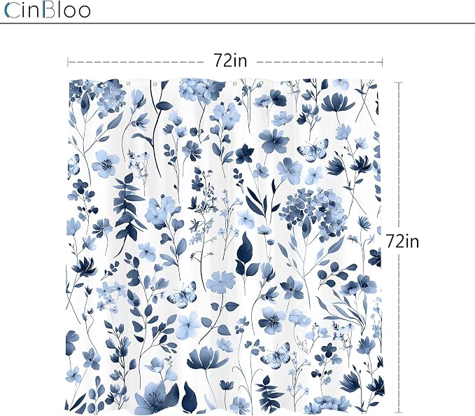 Cute Floral Navy Blue Flower Wildflower Rustic Bathroom Shower Curtain Set | 72"W x 72"H Plants Leaves; waterproof HD print, quick-dry fabric and plastic hooks for easy setup.