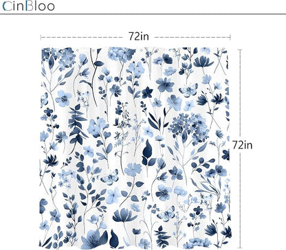 Cute Floral Navy Blue Flower Wildflower Rustic Bathroom Shower Curtain Set | 72"W x 72"H Plants Leaves; waterproof HD print, quick-dry fabric and plastic hooks for easy setup.