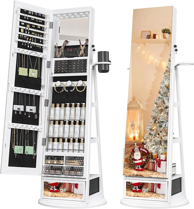 NUNU LAB 360° Swivel Mirror Jewelry Cabinet Standing 6 LEDs with Built-In Mirror, Full Length Mirror Jewelry Organizer with Lockable Storage& Drawer, Jewelry Armoire with Rear 3 Storage Shelves, White