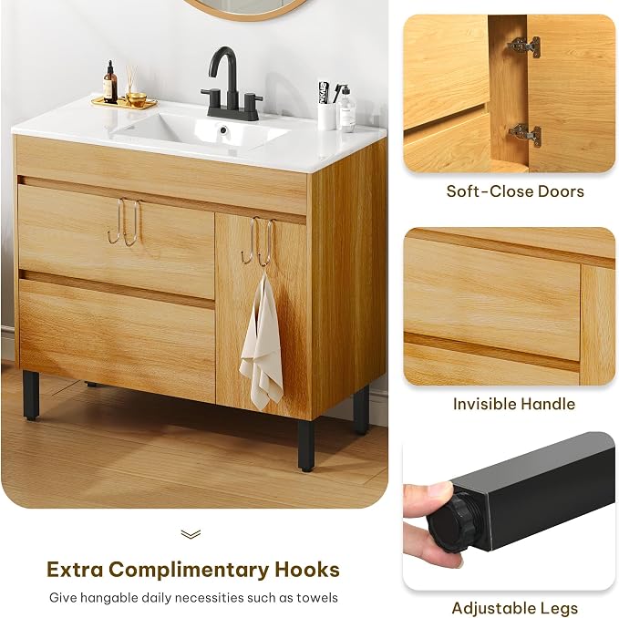 DWVO 36 Inch Bathroom Vanity with Sink | Bathroom Vanity Cabinet, Modern Bathroom Storge Vanity Includes Soft Closing Door, 2 Drawers & Drain