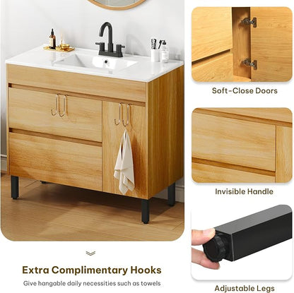 DWVO 36 Inch Bathroom Vanity with Sink | Bathroom Vanity Cabinet, Modern Bathroom Storge Vanity Includes Soft Closing Door, 2 Drawers & Drain