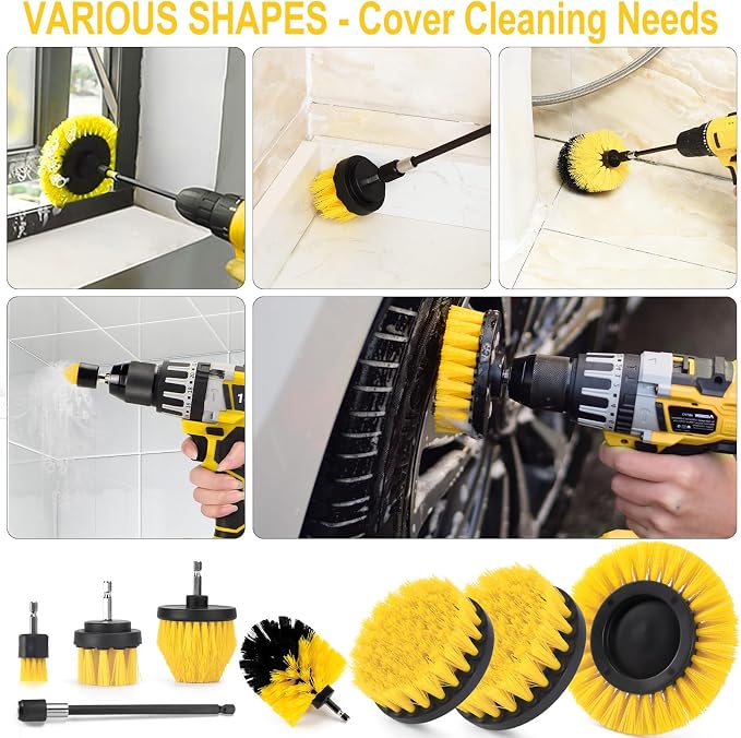 18 Pack Drill Brush Attachment Set, Power Cleaning Scrub Brushes for Drill, Extend Long Attachment, All Purpose for Car Detailing, Bathroom, Carpet, Tile Grout, Sinks, Corners