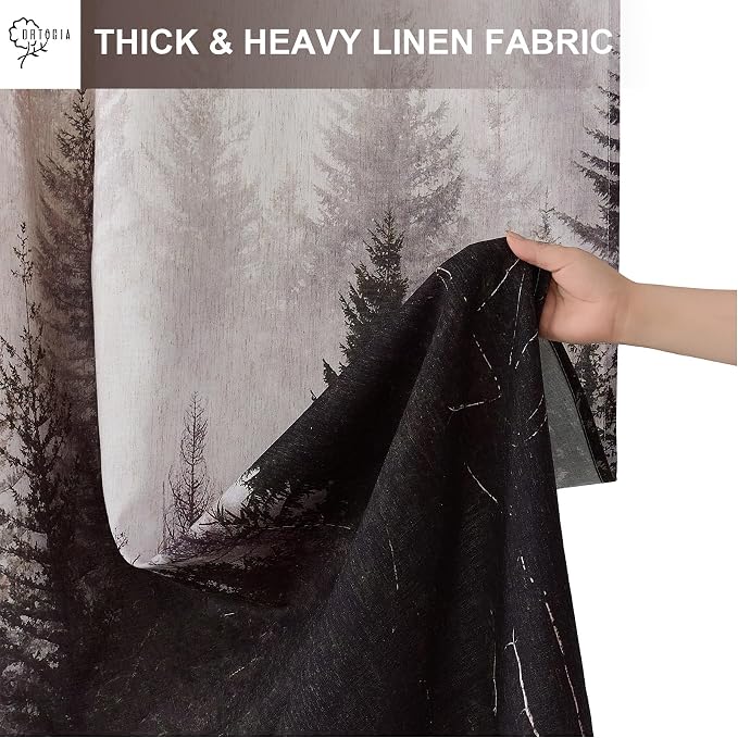 ORTIGIA Black and White Misty Forest Linen Shower Curtain Dark Nature Mountain Tree Woodland Shower Curtain Set for Bathroom Heavy Blend Fabric Curtains with 12 Metal Hooks 72x78 Inch