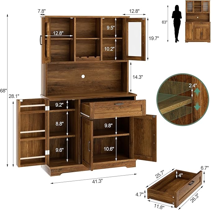 Shintenchi 68" Kitchen Pantry Storage Cabinet, with Microwave Stand, Brown | Freestanding Buffet Cabinet, with 3 Door Shelves, Kitchen Hutch with Doors, Adjustable Shelves and Wine Rack