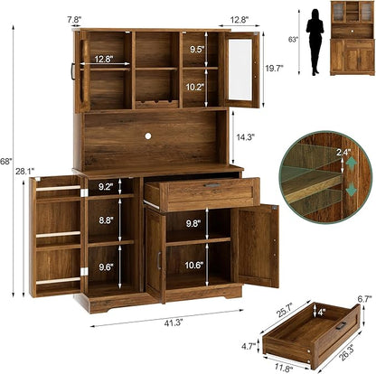 Shintenchi 68" Kitchen Pantry Storage Cabinet, with Microwave Stand, Brown | Freestanding Buffet Cabinet, with 3 Door Shelves, Kitchen Hutch with Doors, Adjustable Shelves and Wine Rack