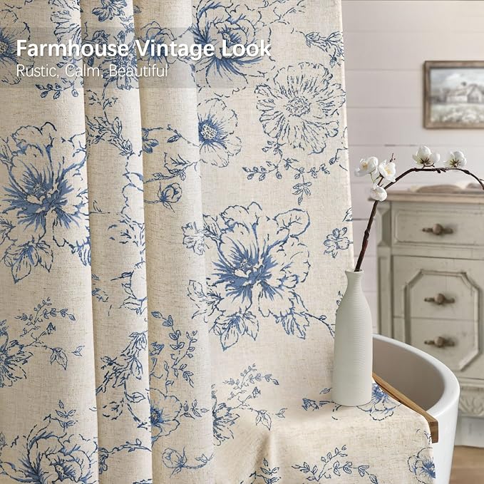Farmhouse Floral Vintage Shower Curtain for Bathroom, Dark Blue and Tan | Elegant Boho Pattern Bath Curtain Linen Fabric,72" W x 72" L