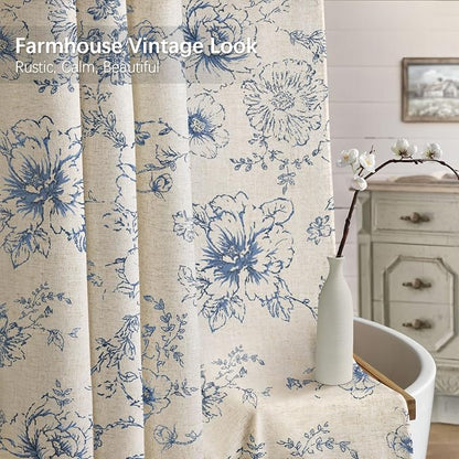 Farmhouse Floral Vintage Shower Curtain for Bathroom, Dark Blue and Tan | Elegant Boho Pattern Bath Curtain Linen Fabric,72" W x 72" L