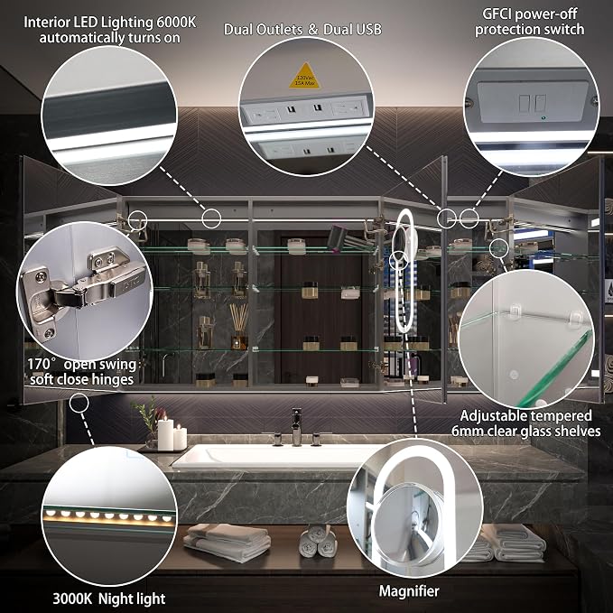 Recessed Medicine Cabinet with Lights, 72x36 Lighted Medicine Cabinet with Mirror, 5XMagnifier, GFCI Outlet, Soft-closed, Front&Backlit, Anti-Fog, Dimmable&Tunable, Sensor Lights, Adjustable Shelves