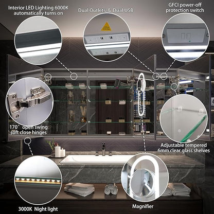 Recessed Medicine Cabinet with Lights, 72x36 Lighted Medicine Cabinet with Mirror, 5XMagnifier, GFCI Outlet, Soft-closed, Front&Backlit, Anti-Fog, Dimmable&Tunable, Sensor Lights, Adjustable Shelves