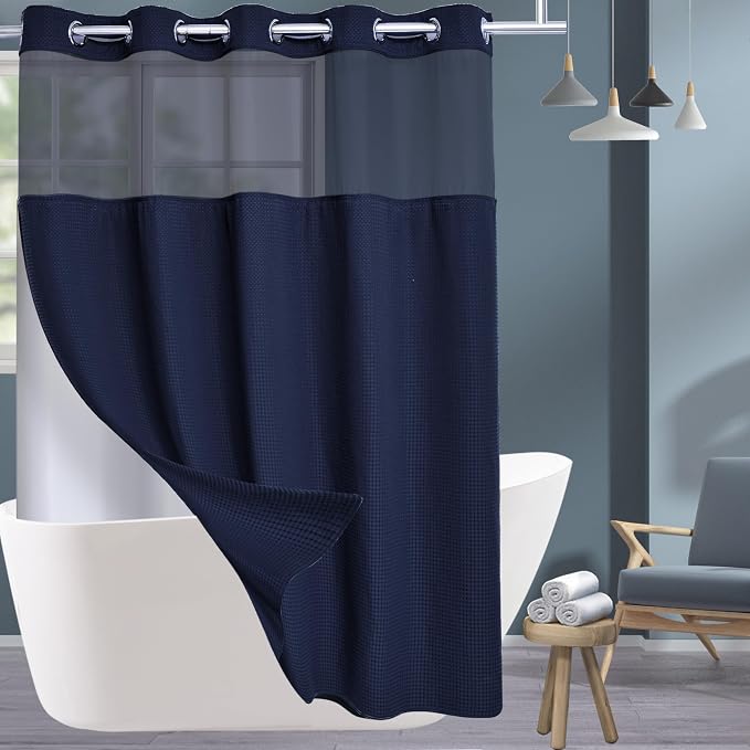 Conbo Mio Extra Long No Hook Waffle Weave Shower Curtain with Snap in Liner Set, Hotel Luxury Navy Blue Shower Curtains for Bathroom with See Through Top Window, Waterproof, Washable 71W x 84H